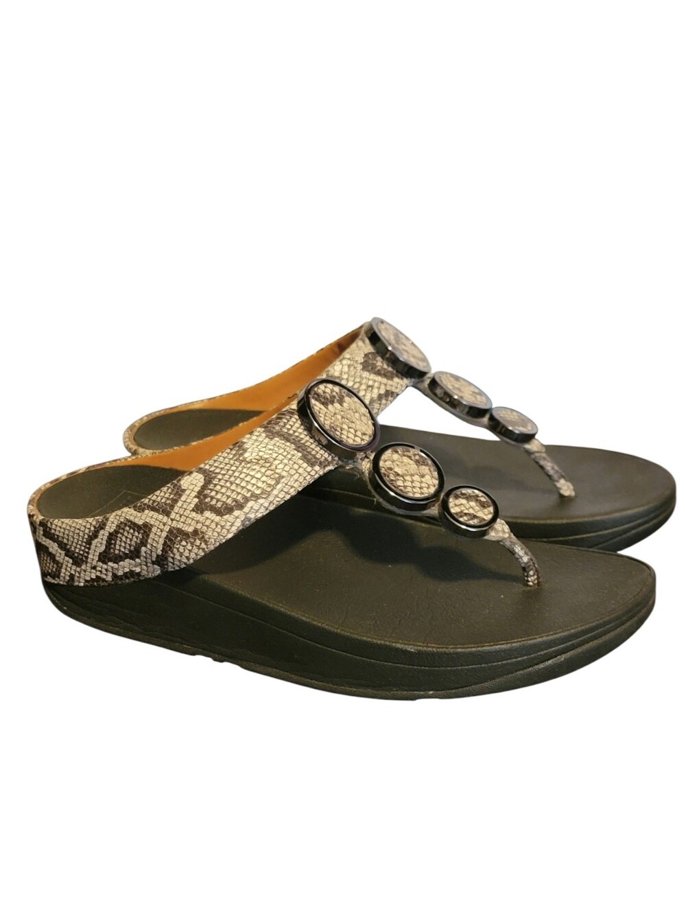 FITFLOP Womens Leather Halo Toe Post Wedges Thong Sandals Taupe Snake Skin 7 - Picture 1 of 7